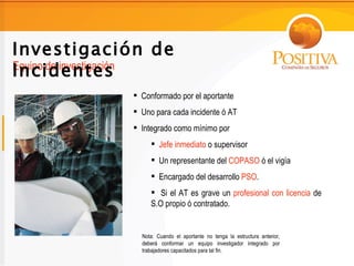 Investigación de
Incidentes
Equipo de investigación

                  Conformado por el aportante
                  Uno para cada incidente ó AT
                  Integrado como mínimo por
                       Jefe inmediato o supervisor
                       Un representante del COPASO ó el vigía
                       Encargado del desarrollo PSO.
                       Si el AT es grave un profesional con licencia de
                      S.O propio ó contratado.


                   Nota: Cuando el aportante no tenga la estructura anterior,
                   deberá conformar un equipo investigador integrado por
                   trabajadores capacitados para tal fin.
 