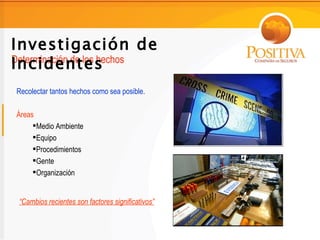 Investigación de
Incidentes
Determinación de los hechos

Recolectar tantos hechos como sea posible.

Áreas
     Medio Ambiente
     Equipo
     Procedimientos
     Gente
     Organización


 “Cambios recientes son factores significativos”
 