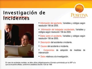 Investigación de
Incidentes
Contenido del Informe
                                                   Información del aportante, Variables y códigos según
                                                  resolución 156 de 2005.
                                                   Información del trabajador accidentado, Variables y
                                                  códigos según resolución 156 de 2005.
                                                   Datos sobre el accidente, Variables y códigos según
                                                  resolución 156 de 2005.
                                                   Descripción del accidente o incidente.
                                                   Causas del accidente o incidente.
                                                       Compromiso de adopción de medidas de
                                                  intervención
                                                   Datos relativos a la investigación.

 En caso de accidentes mortales, se debe utilizar obligatoriamente el formato suministrado por la ARP a la
 que se encuentre afiliado, conforme lo establece Decreto 1530 de 1996
 