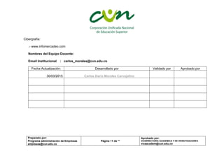 Preparado por:
Programa administración de Empresas
empresas@cun.edu.co
Página 11 de **
Aprobado por:
VICERRECTORIA ACADEMICA Y DE INVESTIGACIONES
viceacadem@cun.edu.co
Cibergrafía:
.- www.infomercadeo.com
Nombres del Equipo Docente:
Email Institucional : carlos_morales@cun.edu.co
Fecha Actualización: Desarrollado por Validado por Aprobado por
30/03/2015 Carlos Darío Morales Carvajalino
 