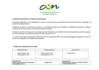 Preparado por:
Programa administración de Empresas
empresas@cun.edu.co
Página 9 de **
Aprobado por:
VICERRECTORIA ACADEMICA Y DE INVESTIGACIONES
viceacadem@cun.edu.co
q. Sistema de Evaluación (criterios y descripción)
Evaluación diagnostica: Para establecer el nivel de conocimientos que el estudiante tiene acerca del tema, desarrollo de
ejercicios de lógica básicos.
Evaluación formativa: Le permite al docente y al estudiante detectar las fortalezas y debilidades desarrollo de talleres
continuos donde se evalúa la continuidad del proceso formativo.
Evaluación sumativa: de acuerdo con la exigencia de la institución para cualificar el nivel de competencias y está compuesta
por cinco sesiones. La escala de medición de cada nota es de 1 a 5.
Lo anterior debe estar directamente relacionado con la metodología ABP, los acuerdos pedagógicos logrados al inicio del
curso y lo consagrado en el reglamento estudiantil.
r. Calificación (distribución de notas)
Prueba parcial 1 Prueba parcial 2 Prueba final
- Taller práctico 15%
- Conversatorio 15%
- Taller práctico 15%
- Conversatorio 15%
- Parcial final
 
