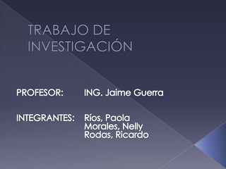 TRABAJO DE INVESTIGACIÓN  PROFESOR:	ING. Jaime Guerra INTEGRANTES:	Ríos, Paola 			Morales, Nelly 			Rodas, Ricardo 
