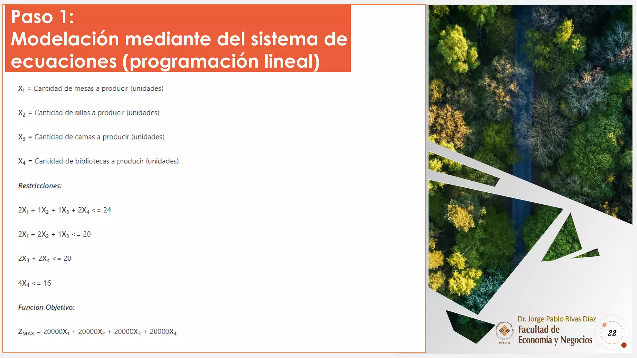 22
Dr. Jorge Pablo Rivas Díaz
Paso 1:
Modelación mediante del sistema de
ecuaciones (programación lineal)
 