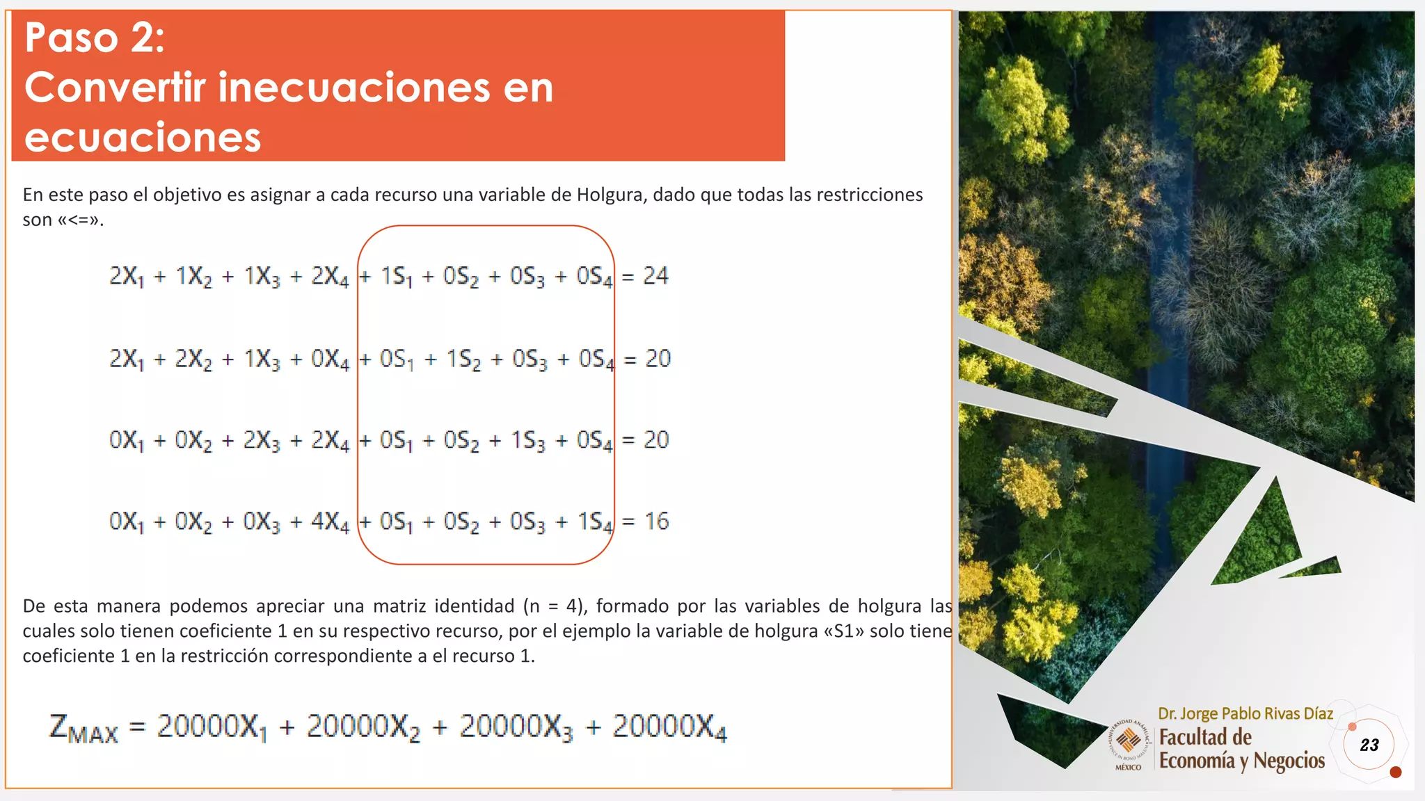 23
Dr. Jorge Pablo Rivas Díaz
Paso 2:
Convertir inecuaciones en
ecuaciones
En este paso el objetivo es asignar a cada recurso una variable de Holgura, dado que todas las restricciones
son «<=».
De esta manera podemos apreciar una matriz identidad (n = 4), formado por las variables de holgura las
cuales solo tienen coeficiente 1 en su respectivo recurso, por el ejemplo la variable de holgura «S1» solo tiene
coeficiente 1 en la restricción correspondiente a el recurso 1.
 