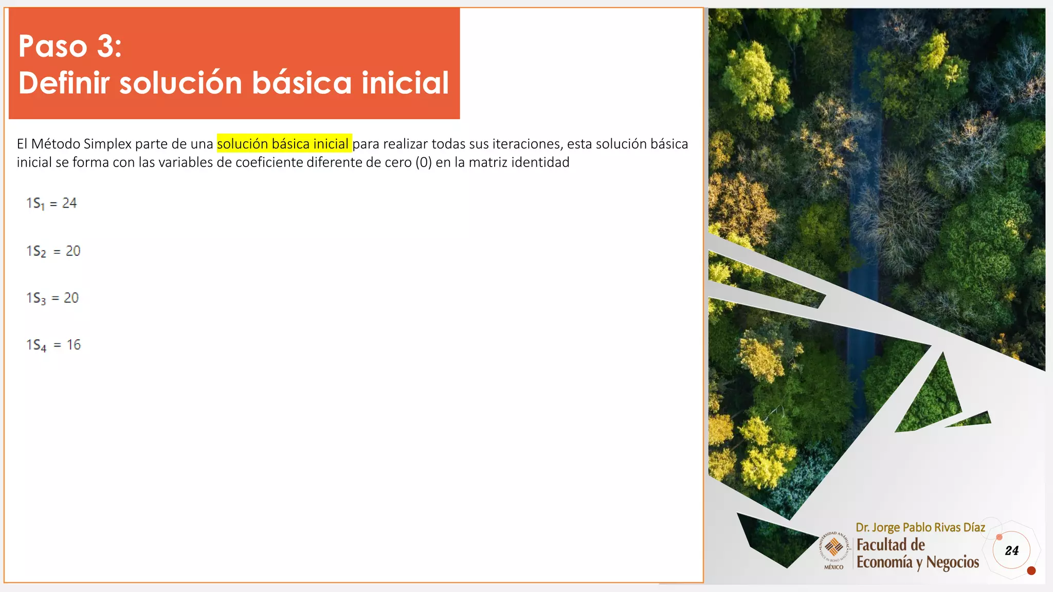 24
Dr. Jorge Pablo Rivas Díaz
Paso 3:
Definir solución básica inicial
El Método Simplex parte de una solución básica inicial para realizar todas sus iteraciones, esta solución básica
inicial se forma con las variables de coeficiente diferente de cero (0) en la matriz identidad
 