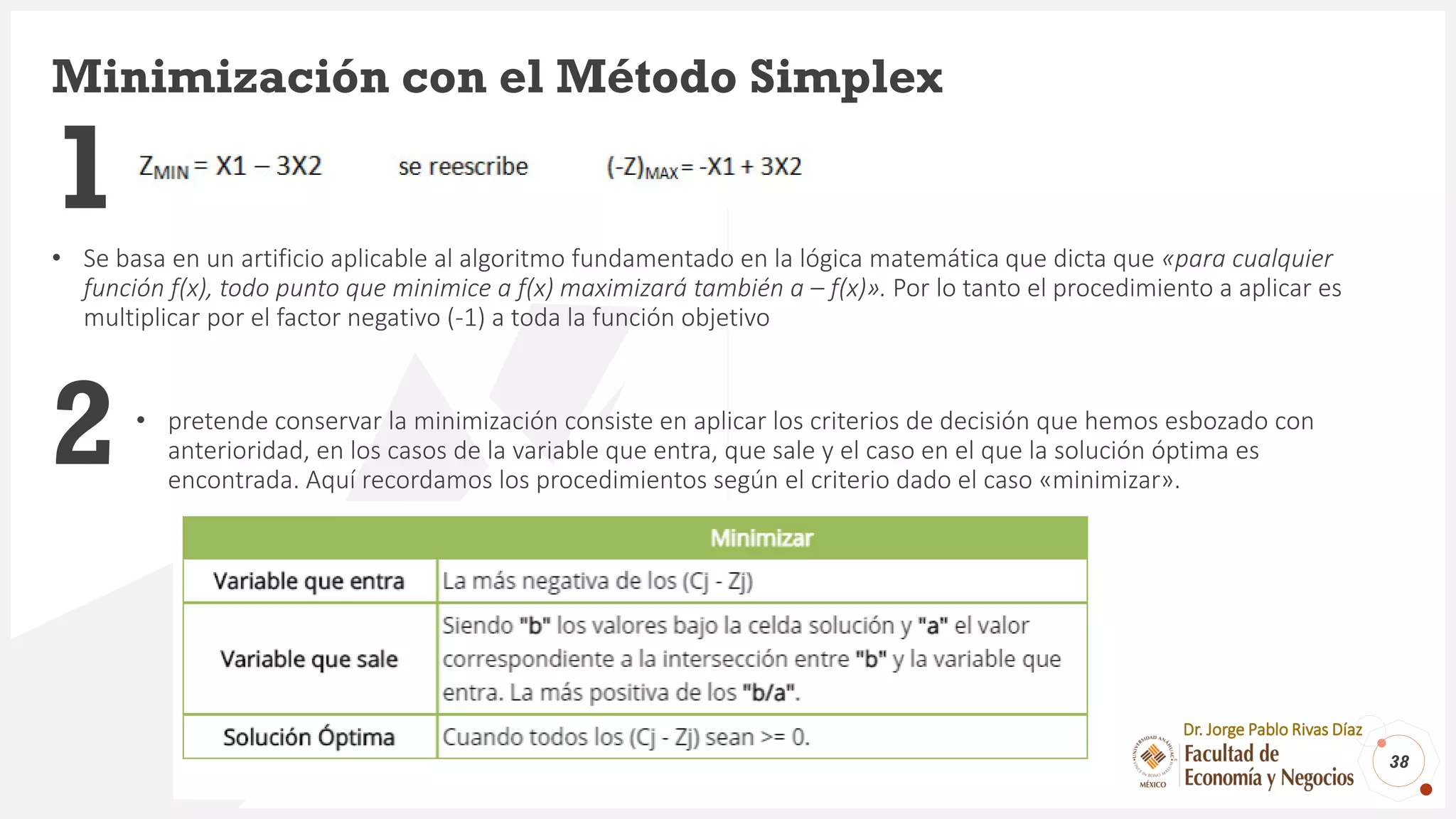 Minimización con el Método Simplex
• Se basa en un artificio aplicable al algoritmo fundamentado en la lógica matemática que dicta que «para cualquier
función f(x), todo punto que minimice a f(x) maximizará también a – f(x)». Por lo tanto el procedimiento a aplicar es
multiplicar por el factor negativo (-1) a toda la función objetivo
2 • pretende conservar la minimización consiste en aplicar los criterios de decisión que hemos esbozado con
anterioridad, en los casos de la variable que entra, que sale y el caso en el que la solución óptima es
encontrada. Aquí recordamos los procedimientos según el criterio dado el caso «minimizar».
38
Dr. Jorge Pablo Rivas Díaz
1
 