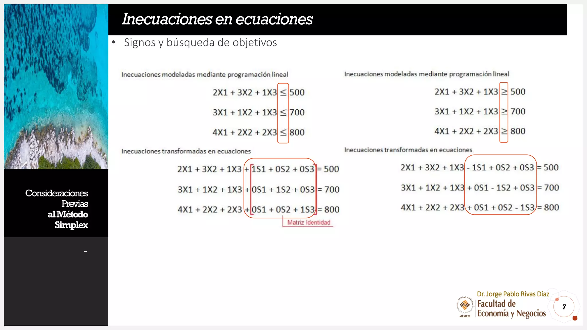 Consideraciones
Previas
alMétodo
Simplex
-
• Signos y búsqueda de objetivos
7
Dr. Jorge Pablo Rivas Díaz
Inecuacionesenecuaciones
 