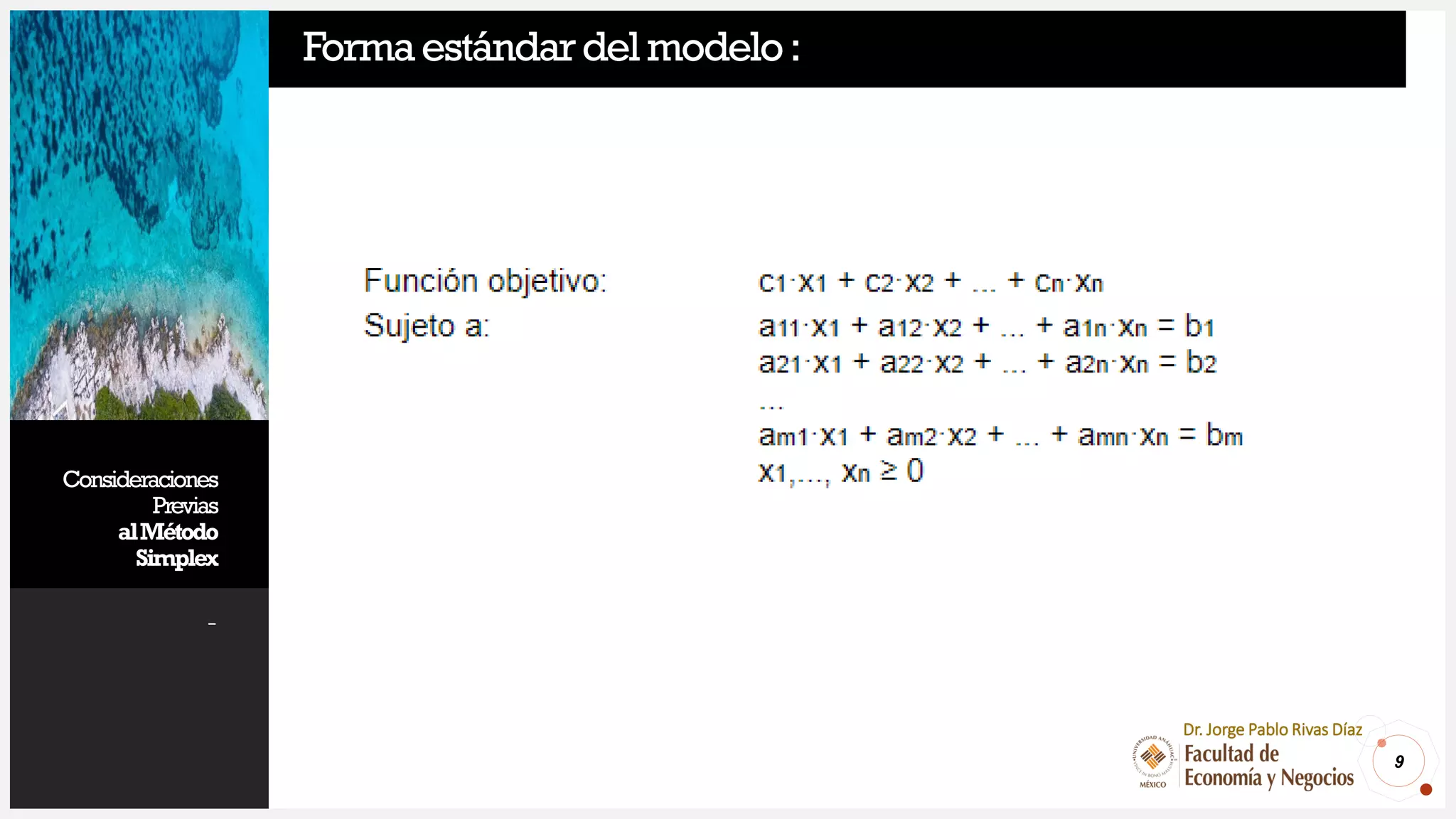 Consideraciones
Previas
alMétodo
Simplex
-
9
Dr. Jorge Pablo Rivas Díaz
Formaestándardelmodelo:
 