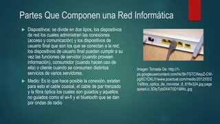 Partes Que Componen una Red Informática
 Dispositivos: se divide en dos tipos, los dispositivos
de red los cuales administran las conexiones
(acceso y comunicación) y los dispositivos de
usuario final que son los que se conectan a la red;
los dispositivos de usuario final pueden cumplir a su
vez las funciones de servidor (cuando proveen
información), consumidor (cuando hacen uso de
ella) o cliente cuando se consumen distintos
servicios de varios servidores.
 Medio: Es lo que hace posible la conexión, existen
para esto el cable coaxial, el cable de par trenzado
y la fibra óptica los cuales son guiados y aquellos
no guiados como el wi-fi y el bluetooth que se dan
por ondas de radio
Imagen Tomada De: http://1-
ps.googleusercontent.com/hk/5lnTGTCINspZ-CW-
pgXC1CKLI1/www.pcactual.com/medio/2012/05/2
1/xfibra_optica_de_movistar_8_618x324.jpg.page
speed.ic.3DIpTpb0X4iT0D19iRrL.jpg
 