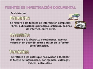 Se dividen en:



Se refiere a las fuentes de información completas:
libros, publicaciones periódicas, artículos, páginas
              de internet, entre otros.



Se refiere a lo abstracto o resúmenes, que nos
muestran un poco del tema a tratar en la fuente
                 de información.



 Se refiere a los datos que nos ayudan a localizar
la fuente de información, por ejemplo, catálogos,
                Índices, entre otros.
                                                  )
 