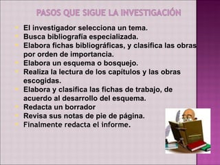  El investigador selecciona un tema.
 Busca bibliografía especializada.
 Elabora fichas bibliográficas, y clasifica las obras
  por orden de importancia.
 Elabora un esquema o bosquejo.
 Realiza la lectura de los capítulos y las obras
  escogidas.
 Elabora y clasifica las fichas de trabajo, de
  acuerdo al desarrollo del esquema.
 Redacta un borrador
 Revisa sus notas de pie de página.
 Finalmente redacta el informe.
 