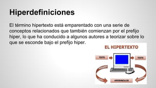 Hiperdefiniciones
El término hipertexto está emparentado con una serie de
conceptos relacionados que también comienzan por el prefijo
hiper, lo que ha conducido a algunos autores a teorizar sobre lo
que se esconde bajo el prefijo hiper.
 