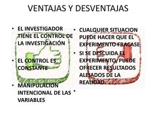 VENTAJAS Y DESVENTAJAS
• EL INVESTIGADOR
TIENE EL CONTROL DE
LA INVESTIGACIÓN
• EL CONTROL ES
CONSTANTE
• MANIPULACIÓN
INTENCIONAL DE LAS
VARIABLES
• CUALQUIER SITUACION
PUEDE HACER QUE EL
EXPERIMENTO FRACASE
• SI SE DESCUIDA EL
EXPERIMENTO, PUEDE
OFRECER RESULTADOS
ALEJADOS DE LA
REALIDAD.
•
 