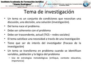 Tema de investigación
• Un tema es un conjunto de condiciones que necesitan una
discusión, una decisión, una solución (investigación).
• Del tema nace el problema.
• Debe ser coherente con el problema
• Debe ser trascendente, actual (TICS – redes sociales)
• El tema satisface una necesidad a través de una investigación
• Tiene que ser de interés del investigador (fracaso de la
investigación)
• Un tema se transforma en problema cuando se identifican
variables, población y la lógica del problema
– Uso de estrategias metodológicas (enfoque, contexto educativo,
importancia)
 