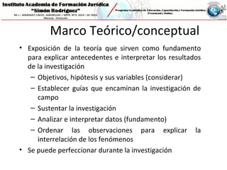 Marco Teórico/conceptual
• Exposición de la teoría que sirven como fundamento
para explicar antecedentes e interpretar los resultados
de la investigación
– Objetivos, hipótesis y sus variables (considerar)
– Establecer guías que encaminan la investigación de
campo
– Sustentar la investigación
– Analizar e interpretar datos (fundamento)
– Ordenar las observaciones para explicar la
interrelación de los fenómenos
• Se puede perfeccionar durante la investigación
 