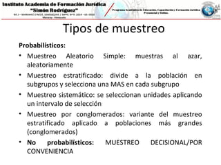 Tipos de muestreo
Probabilísticos:
• Muestreo Aleatorio Simple: muestras al azar,
aleatoriamente
• Muestreo estratificado: divide a la población en
subgrupos y selecciona una MAS en cada subgrupo
• Muestreo sistemático: se seleccionan unidades aplicando
un intervalo de selección
• Muestreo por conglomerados: variante del muestreo
estratificado aplicado a poblaciones más grandes
(conglomerados)
• No probabilísticos: MUESTREO DECISIONAL/POR
CONVENIENCIA
 