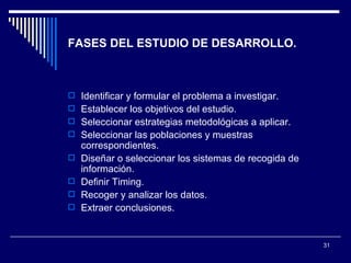 FASES DEL ESTUDIO DE DESARROLLO. Identificar y formular el problema a investigar.  Establecer los objetivos del estudio.  Seleccionar estrategias metodológicas a aplicar.  Seleccionar las poblaciones y muestras correspondientes.  Diseñar o seleccionar los sistemas de recogida de información.  Definir Timing.  Recoger y analizar los datos.  Extraer conclusiones.  