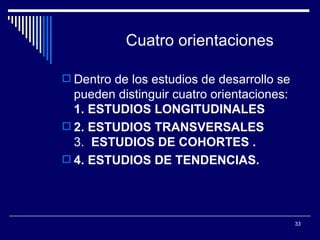 Cuatro orientaciones   Dentro de los estudios de desarrollo se pueden distinguir cuatro orientaciones:  1. ESTUDIOS LONGITUDINALES 2. ESTUDIOS TRANSVERSALES   3.  ESTUDIOS DE COHORTES .  4. ESTUDIOS DE TENDENCIAS.  