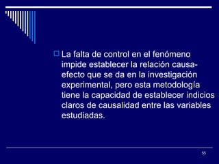 La falta de control en el fenómeno impide establecer la relación causa-efecto que se da en la investigación experimental, pero esta metodología tiene la capacidad de establecer indicios claros de causalidad entre las variables estudiadas.  
