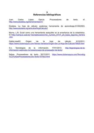 9
Referencias bibliográficas
Juan Carlos López García. Procesadores de texto. sf.
http://www.eduteka.org/herramientas/31/
Eduteka. La hoja de cálculo: poderosa herramienta de aprendizaje.01/09/2003.
http://www.eduteka.org/articulos/HojaCalculo2
Myrna. L.N. Excel como una herramienta asequible en la enseñanza de la estadística.
S.f.http://campus.usal.es/~teoriaeducacion/rev_numero_07/n7_art_lopez_lagunes_herrera
.htm
Gatita.rose93. Origen de la hoja de cálculo. 6/10/2011.
https://www.clubensayos.com/Temas-Variados/Origen-De-La-Hoja-De-Calculo/79929.html
S.n. Tecnologias de la información. 17/01/2013. http://tegnologias-de-la-
informacion.webnode.mx/news/ensayo-de-prosesador-de-texto/
Sebas. Procesadores de texto. 30/11/2011. https://www.clubensayos.com/Tecnolog
%C3%ADa/Procesadores-De-Texto/107853.html
 