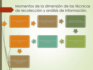 Momentos de la dimensión de las técnicas
       de recolección y análisis de información.

  Dinámica del proceso de        Selección, diseño, elaboración y      Elección de técnicas y
       recolección                   aplicación de técnicas         procedimientos para el análisis




 Análisis e interpretación de    Codificación y reducción de la       Realización del trabajo de
              datos                       información                          campo




Sistematización y presentación
     de los conocimientos
          elaborados
 