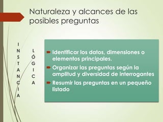 Naturaleza y alcances de las
    posibles preguntas

I
N   L    Identificar los datos, dimensiones o
S   Ó     elementos principales.
T   G
A   I    Organizar las preguntas según la
N   C     amplitud y diversidad de interrogantes
C   A    Resumir las preguntas en un pequeño
I         listado
A
 