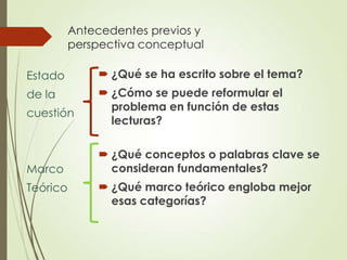 Antecedentes previos y
          perspectiva conceptual

Estado         ¿Qué se ha escrito sobre el tema?
de la          ¿Cómo se puede reformular el
                problema en función de estas
cuestión
                lecturas?

               ¿Qué conceptos o palabras clave se
Marco           consideran fundamentales?
Teórico        ¿Qué marco teórico engloba mejor
                esas categorías?
 