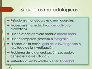 Supuestos metodológicos

 Relaciones monocausales o multicausales.
 Procedimientos inductivos, deductivos o
  dialécticos.
 Diseño espacial: micro social o macro social.
 Diseño temporal: (proceso o fotografía)
 El papel de la teoría: guía de la investigación o
  resultado de la investigación.
 Problema de la generalización: ¿es posible
  generalizar los resultados?
 Sustentados en la validez o en la fiabilidad.
 