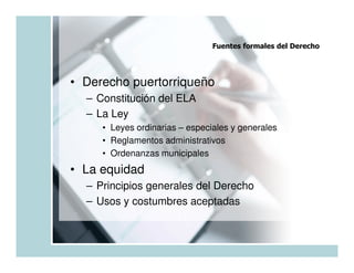 Fuentes formales del Derecho




• Derecho puertorriqueño
  – Constitución del ELA
  – La Ley
     • Leyes ordinarias – especiales y generales
     • Reglamentos administrativos
     • Ordenanzas municipales
• La equidad
  – Principios generales del Derecho
  – Usos y costumbres aceptadas
 