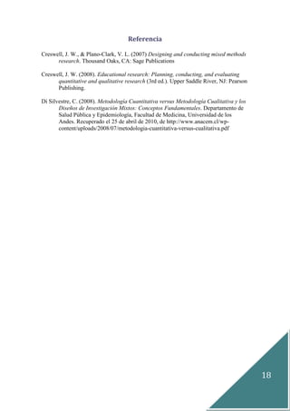 18
Referencia
Creswell, J. W., & Plano-Clark, V. L. (2007) Designing and conducting mixed methods
research. Thousand Oaks, CA: Sage Publications
Creswell, J. W. (2008). Educational research: Planning, conducting, and evaluating
quantitative and qualitative research (3rd ed.). Upper Saddle River, NJ: Pearson
Publishing.
Di Silvestre, C. (2008). Metodología Cuantitativa versus Metodología Cualitativa y los
Diseños de Investigación Mixtos: Conceptos Fundamentales. Departamento de
Salud Pública y Epidemiología, Facultad de Medicina, Universidad de los
Andes. Recuperado el 25 de abril de 2010, de http://www.anacem.cl/wp-
content/uploads/2008/07/metodologia-cuantitativa-versus-cualitativa.pdf
 