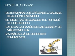 EXPLICATIVAS : -DETERMINAN LOS ORÍGENES O CAUSAS DE ALGÚN FENÓMENO. -SU OBJETIVO ES CONOCER EL POR QUÉ DE LOS HECHOS. -EXPLICA LA RAZÓN DE LAS COSAS Y ES MÁS COMPLEJA. -VA MÁS ALLÁ DE DESCRIBIR FENÓMENOS. 