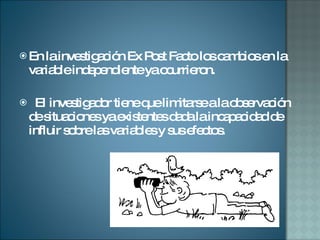 En la investigación Ex Post Facto los cambios en la variable independiente ya ocurrieron. El investigador tiene que limitarse a la observación de situaciones ya existentes dada la incapacidad de influir sobre las variables y sus efectos. 