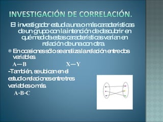El investigador estudia una o más características de un grupo con la intención de descubrir en qué medida estas características varían en relación de una con otra.  En ocasiones sólo se analiza la relación entre dos variables. A—B  X—Y -También, se ubican en el  estudio relaciones entre tres  variables o más.  A-B-C 
