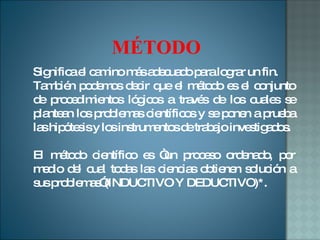 Significa el camino más adecuado para lograr un fin. También podemos decir que el método es el conjunto de procedimientos lógicos a través de los cuales se plantean los problemas científicos y se ponen a prueba las hipótesis y los instrumentos de trabajo investigados.  El método científico es “un proceso ordenado, por medio del cual todas las ciencias obtienen solución a sus problemas”(INDUCTIVO Y DEDUCTIVO)*. MÉTODO 