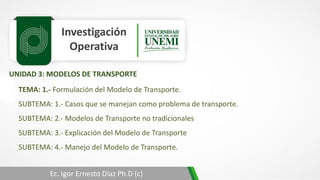 Investigación
Operativa
Ec. Igor Ernesto Díaz Ph.D (c)
UNIDAD 3: MODELOS DE TRANSPORTE
TEMA: 1.- Formulación del Modelo de Transporte.
SUBTEMA: 1.- Casos que se manejan como problema de transporte.
SUBTEMA: 2.- Modelos de Transporte no tradicionales
SUBTEMA: 3.- Explicación del Modelo de Transporte
SUBTEMA: 4.- Manejo del Modelo de Transporte.
 