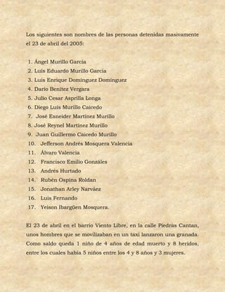 Los siguientes son nombres de las personas detenidas masivamente
el 23 de abril del 2005:


1. Ángel Murillo García
2. Luís Eduardo Murillo García
3. Luís Enrique Domínguez Domínguez
4. Darío Benítez Vergara
5. Julio Cesar Asprilla Longa
6. Diego Luís Murillo Caicedo
7. José Esneider Martínez Murillo
8. José Reynel Martínez Murillo
9. Juan Guillermo Caicedo Murillo
10. Jefferson Andrés Mosquera Valencia
11. Álvaro Valencia
12. Francisco Emilio Gonzáles
13. Andrés Hurtado
14. Rubén Ospina Roldan
15. Jonathan Arley Narváez
16. Luis Fernando
17. Yeison Ibargüen Mosquera.


El 23 de abril en el barrio Viento Libre, en la calle Piedras Cantan,
unos hombres que se movilizaban en un taxi lanzaron una granada.
Como saldo queda 1 niño de 4 años de edad muerto y 8 heridos,
entre los cuales había 5 niños entre los 4 y 8 años y 3 mujeres.
 
