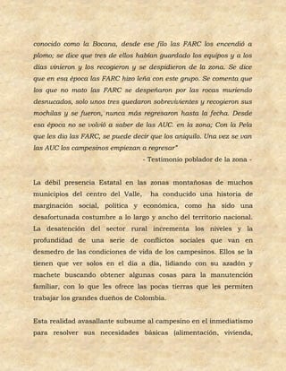 conocido como la Bocana, desde ese filo las FARC los encendió a
plomo; se dice que tres de ellos habían guardado los equipos y a los
días vinieron y los recogieron y se despidieron de la zona. Se dice
que en esa época las FARC hizo leña con este grupo. Se comenta que
los que no mato las FARC se despeñaron por las rocas muriendo
desnucados, solo unos tres quedaron sobrevivientes y recogieron sus
mochilas y se fueron, nunca más regresaron hasta la fecha. Desde
esa época no se volvió a saber de las AUC. en la zona; Con la Pela
que les dio las FARC, se puede decir que los aniquilo. Una vez se van
las AUC los campesinos empiezan a regresar”
                                   - Testimonio poblador de la zona -


La débil presencia Estatal en las zonas montañosas de muchos
municipios del centro del Valle,     ha conducido una historia de
marginación social, política y económica, como ha sido una
desafortunada costumbre a lo largo y ancho del territorio nacional.
La desatención del sector rural incrementa los niveles y la
profundidad de una serie de conflictos sociales que van en
desmedro de las condiciones de vida de los campesinos. Ellos se la
tienen que ver solos en el día a día, lidiando con su azadón y
machete buscando obtener algunas cosas para la manutención
familiar, con lo que les ofrece las pocas tierras que les permiten
trabajar los grandes dueños de Colombia.


Esta realidad avasallante subsume al campesino en el inmediatismo
para resolver sus necesidades básicas (alimentación, vivienda,
 