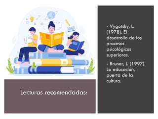- Vygotsky, L.
(1978). El
desarrollo de los
procesos
psicológicos
superiores.
- Bruner, J. (1997).
La educación,
puerta de la
cultura.
Lecturas recomendadas:
 