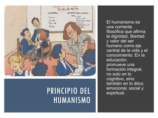 PRINCIPIO DEL
HUMANISMO
El humanismo es
una corriente
filosófica que afirma
la dignidad, libertad
y valor del ser
humano como eje
central de la vida y el
conocimiento. En la
educación,
promueve una
formación integral,
no solo en lo
cognitivo, sino
también en lo ético,
emocional, social y
espiritual.
 