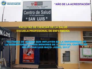 LIMA JUNIO, 2013
“FACTORES DE RIESGO QUE INFLUYEN EN LA ENFERMEDAD DE
LA SARAMPION EN NIÑOS MENORES DE 5 AÑOS DEL CENTRO DE
SALUD SAN LUIS MAYO- JUNIO, 2013”
“AÑO DE LA ACREDITACIÓN”
FACULTAD DE CIENCIAS DE LA SALUD
ESCUELA PROFESIONAL DE ENFERMERÍA
 