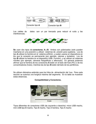 Conector tipo A           Conector tipo B


Los cables de       datos    son un par trenzado para reducir el ruido y las
interferencias.




Se usan dos tipos de conectores, A y B. Ambos son polarizados (solo pueden
insertarse en una posición) y utilizan sistemas de presión para sujetarse. Los de
tipo A utilizan la hembra en el sistema anfitrión, y suelen usarse en dispositivos en
los que la conexión es permanente (por ejemplo, ratones y teclados). Los de
tipo B utilizan la hembra en el dispositivo USB ( función), y se utilizan en sistemas
móviles (por ejemplo, cámaras fotográficas o altavoces). En general podemos
afirmar que la hembra de los conectores A están en el lado del host (PC) o de los
concentradores (hubs), mientras las de tipo B están del lado de los periféricos.


Se utilizan diámetros estándar para los hilos de alimentación del bus. Para cada
sección se autoriza una longitud máxima del segmento. En la tabla se muestran
estas distancias.
                            Compatibilidad y Conectores.




Tipos diferentes de conectores USB (de izquierda a derecha): micro USB macho,
mini USB tipo B macho, Tipo B macho, Tipo A hembra, Tipo A macho


                                         8
 