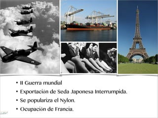 • II Guerra mundial
• Exportación de Seda Japonesa Interrumpida.
• Se populariza el Nylon.
• Ocupación de Francia.
 