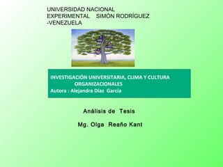 UNIVERSIDAD NACIONAL
EXPERIMENTAL SIMÓN RODRÍGUEZ
-VENEZUELA




INVESTIGACIÓN UNIVERSITARIA, CLIMA Y CULTURA
          ORGANIZACIONALES
Autora : Alejandra Díaz García


            Análisis de Tesis

          Mg. Olga Reaño Kant
 