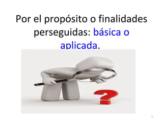 Por el propósito o finalidades 
perseguidas: básica o 
aplicada. 
14 
 
