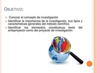 OBJETIVO:




Conocer el concepto de investigación
Identificar la importancia de la investigación, sus tipos y
características generales del método científico.
Identificar los elementos constitutivos tanto del
anteproyecto como del proyecto de investigación.

 
