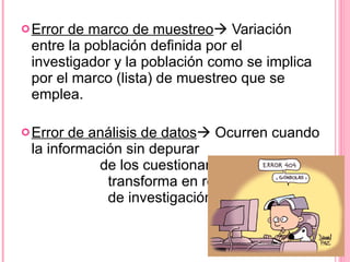 Error de marco de muestreo   Variación entre la población definida por el investigador y la población como se implica por el marco (lista) de muestreo que se emplea. Error de análisis de datos   Ocurren cuando la información sin depurar  de los cuestionarios se  transforma en resultados  de investigación.  
