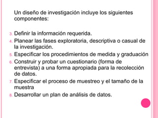 Un diseño de investigación incluye los siguientes componentes: Definir la información requerida. Planear las fases exploratoria, descriptiva o casual de la investigación. Especificar los procedimientos de medida y graduación Construir y probar un cuestionario (forma de entrevista) a una forma apropiada para la recolección de datos. Especificar el proceso de muestreo y el tamaño de la muestra Desarrollar un plan de análisis de datos. 