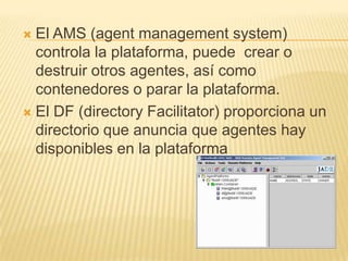  El AMS (agent management system)
  controla la plataforma, puede crear o
  destruir otros agentes, así como
  contenedor...