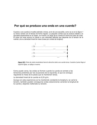 Figura Nº1: Pulso de onda moviéndose hacia la derecha sobre una cuerda tensa. Cuando el pulso llega al
soporte rígido, se refleja e invierte.
Por qué se produce una onda en una cuerda?
Cuando a una cuerda (o muelle) estirada o tensa, se le da una sacudida, como se ve en la figura 1
su forma variará con el tiempo de forma regular. La pequeña comba que se produce debido a la
sacudida experimenta en el origen, se mueve a lo largo de la cuerda en forma de pulso de onda.
El pulso de onda recorre la cuerda a una velocidad definida que depende de la tensión de la
cuerda y de su densidad lineal de masa (masa por unidad de longitud)
Como puede verse, las ondas se forman cuando la cuerda se somete a las
tensiones predichas por las ecuaciones de la izquierda, lo que se consigue
regulando la masa de la pesas que la mantienen tensa.
La densidad lineal de la cuerda es 0,55 g/m.
Aunque en esta experiencia se ha mantenido constante la longitud y se varía la
tensión, también pueden conseguirse ondas estacionarias variando la longitud de
la cuerda y dejando inalterada su tensión.
 