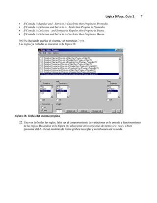 Lógica Difusa, Guía 2





If Comida is Regular and Servicio is Excelente then Propina is Promedio.
If Comida is Deliciosa and Servicio is Malo then Propina is Promedio.
If Comida is Deliciosa and Servicio is Regular then Propina is Buena.
If Comida is Deliciosa and Servicio is Excelente then Propina is Buena.

NOTA: Recuerde guardar el sistema, ver numerales 7 y 8.
Las reglas ya editadas se muestran en la figura 10.

Figura 10. Reglas del sistema propina

22. Una vez definidas las reglas, falta ver el comportamiento de variaciones en la entrada y funcionamiento
de las reglas. Basándose en la figura 10, seleccionar de las opciones de menú view, rules, o bien
presionar ctrl-5. el cual mostrará de forma gráfica las reglas y su influencia en la salida.

7

 